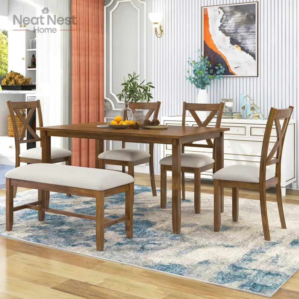 

6-Piece Kitchen Dining Table Set Wooden Rectangular Dining Table, 4 Fabric Chairs and Bench Family Furniture (Natural Cherry)