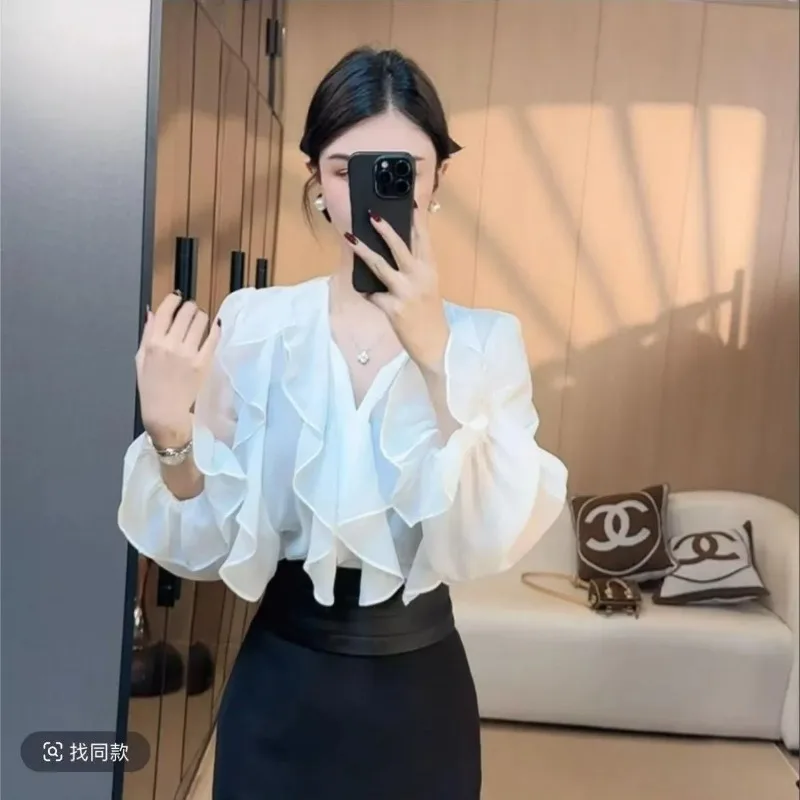 French Ruffled Long-sleeved V-neck Shirt for Women Versatile Spring and Autumn Bell-sleeved Top