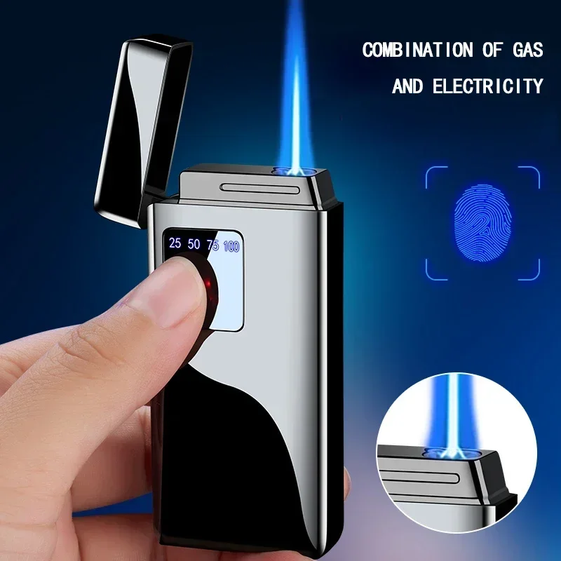 Electricity Blue Flame Ice Plating  Digital Display Power Touch Sensor Windproof Jet Cigar Torch Lighter Without Gas