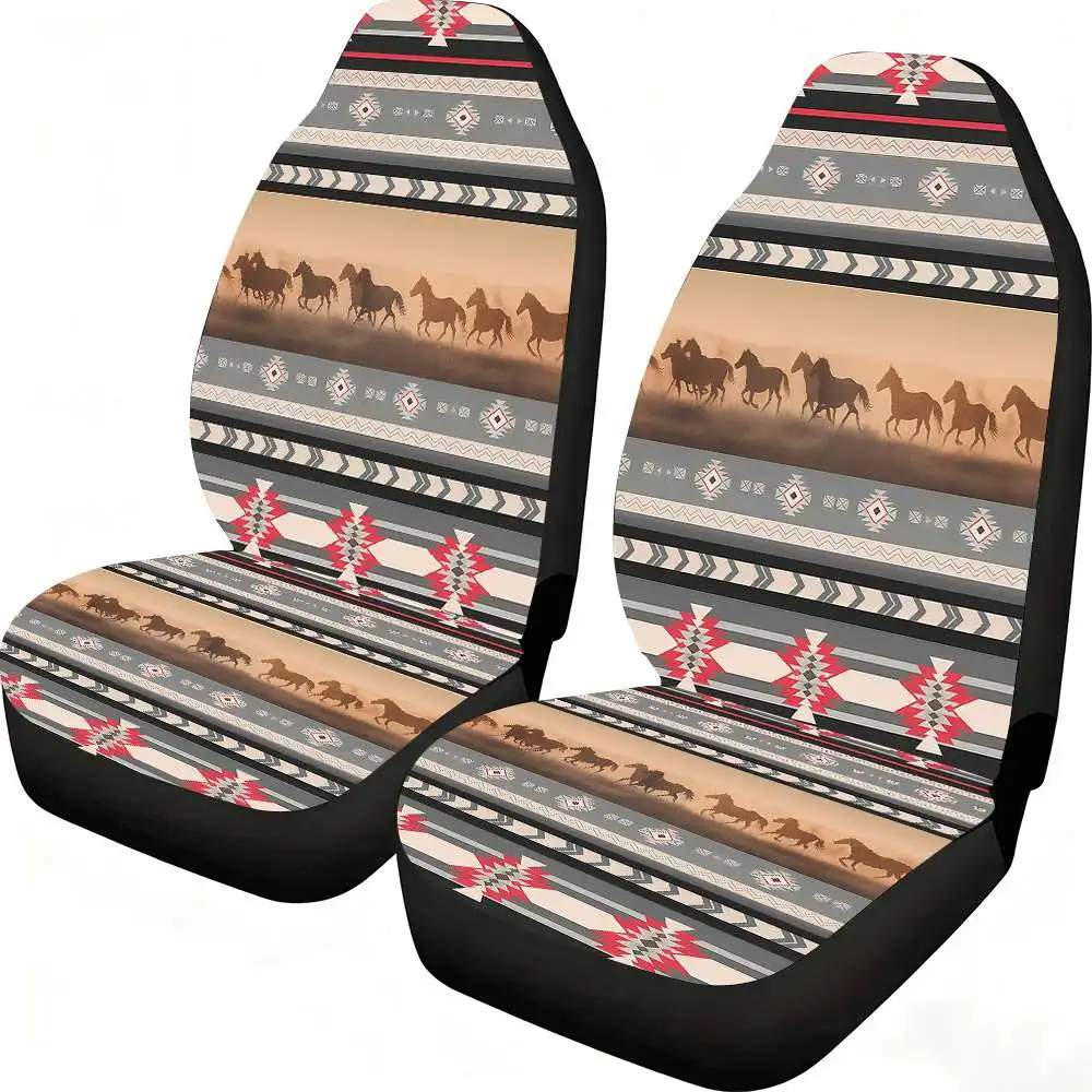 2pcs Wild Horse Tribal Pattern Car Seat Covers - High Back Design, Polyester Material, Suitable For Front Seats, Cars, SUVs, Tru