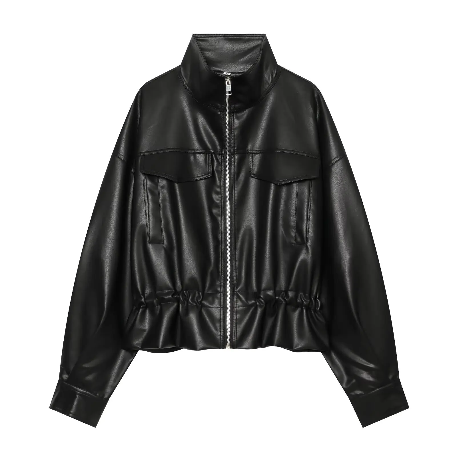 BSAY Vintage PU Leather Cropped Jacket Women Stand Collar Zip Up Drawstring Adjustable Waist Multi Pocket Streetwear Outerwear