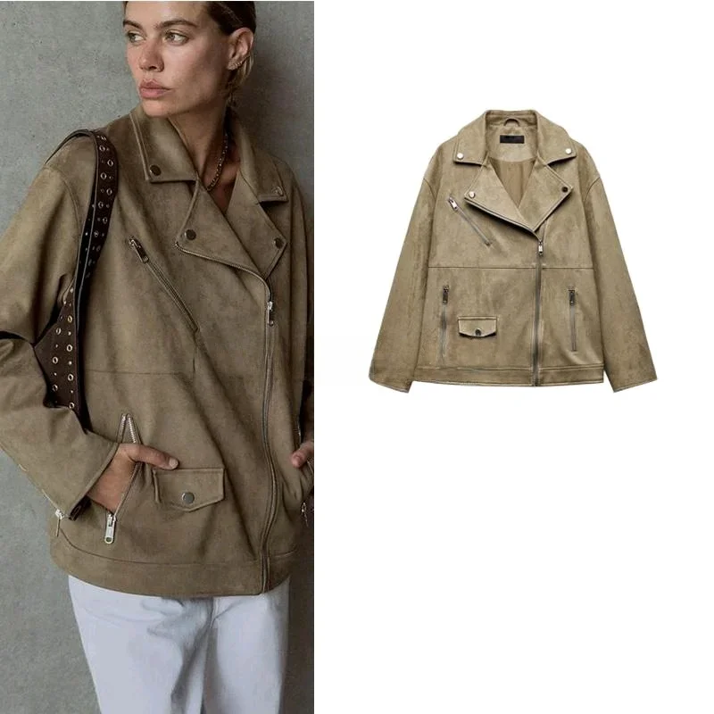 

Женская байкерская куртка из искусственной замши на молнии, осенние повседневные замшевые пальто с лацканами, женская верхняя одежда с длинными рукавами, женские топы