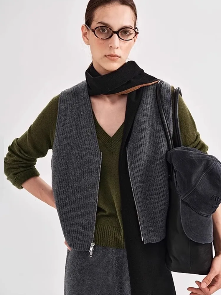 

Корейский жилет без рукавов, женский вязаный топ с V-Ne, двойная молния, дизайн в стиле ретро, ветер, стандартный крой, мягкий, средний, тонкий