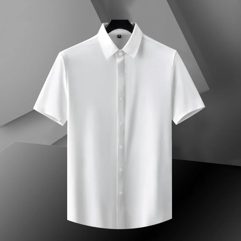 Business Casual Ice Silk Slim Fit Short Sleeve Shirt for Men Anti-Wrinkle Summer Thin Shirt Elegant Gentleman Style Commute