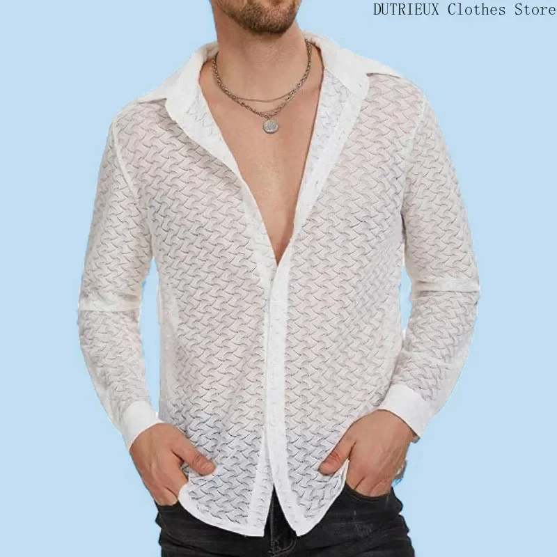 

[Star's Same Style] Men's Long-sleeved Lace Perspective Shirt Spring/summer Hollow-out Mesh Trend Top Sexy Night Club Party Wear