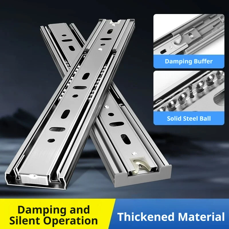 Thickened Stainless Steel 3‑Section Drawer Slides, Silent Push‑to‑Open Damping Buffer Guide Rail for Cabinet Wardrobe