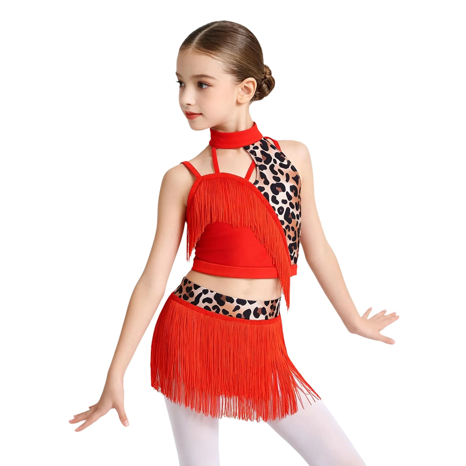 Kids Girls Tassel Latin Dance Costume Cutout Printed Crop Top Vest with Fringed Skirt for Tango Cha-cha Salsa Samba Performance