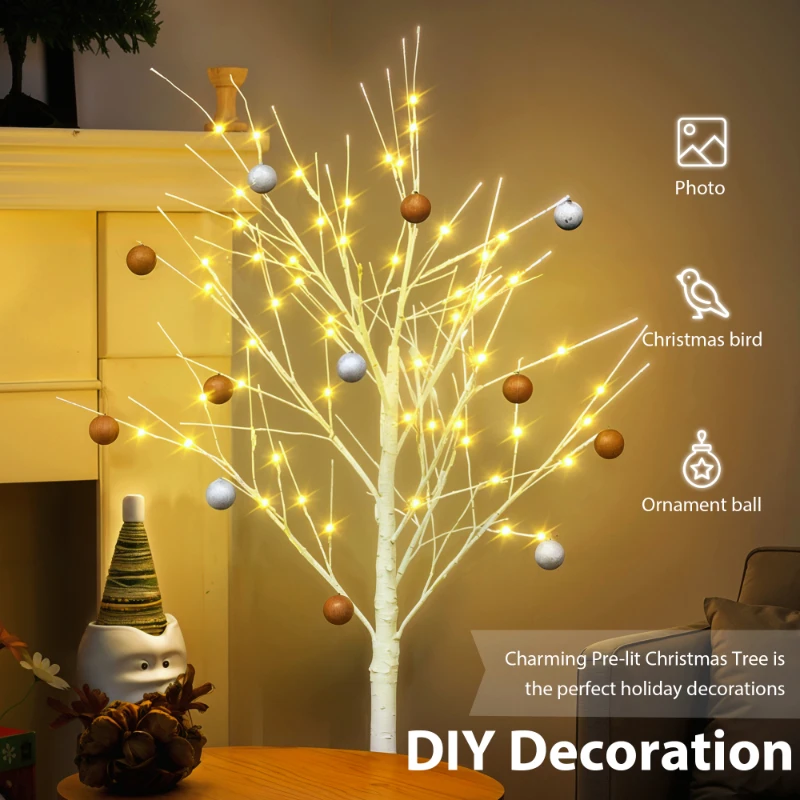 Set of Lighted Birch Tree, 4FT 48 LED/5FT 72 LED/6FT 96 LED Artificial Tree with Warm White Lights, Christmas Tree for ​Decorati