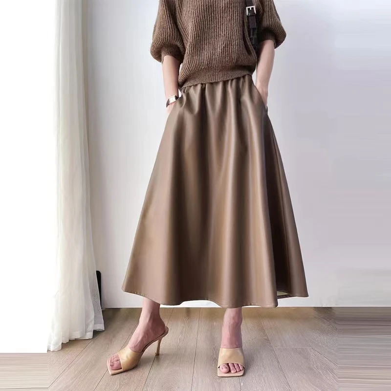 

2025 New High Waist eepskin Leather Skirt Women's Faionable Versatile Slimming Midi Skirt Simple Sle A-Line Skirt