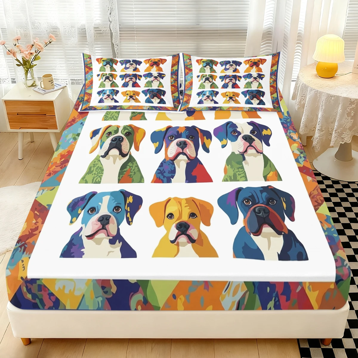 Bright Rainbow Color Block Boxer Dog Fitted Sheet 3PCS,Six Panel Abstract Pop Art Puppy Head Portrait Bed Sheet with Pillowcases