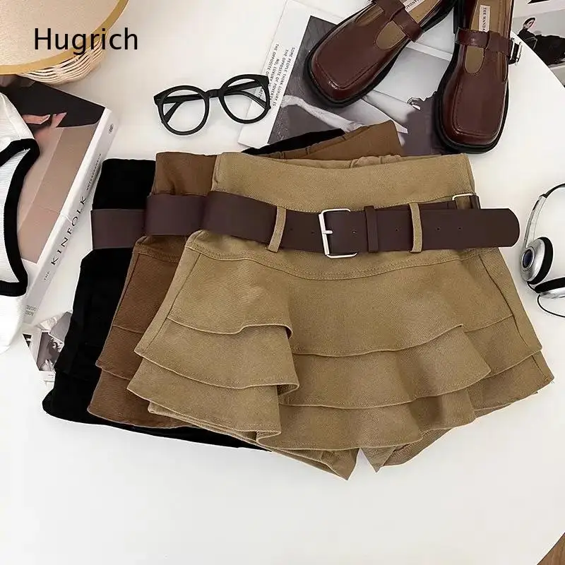 Retro Solid Color Tiered Ruffle Mini Skort Detachable Wide Waist Belt Design A-Line Short Skirt with Built-In Safety Shorts