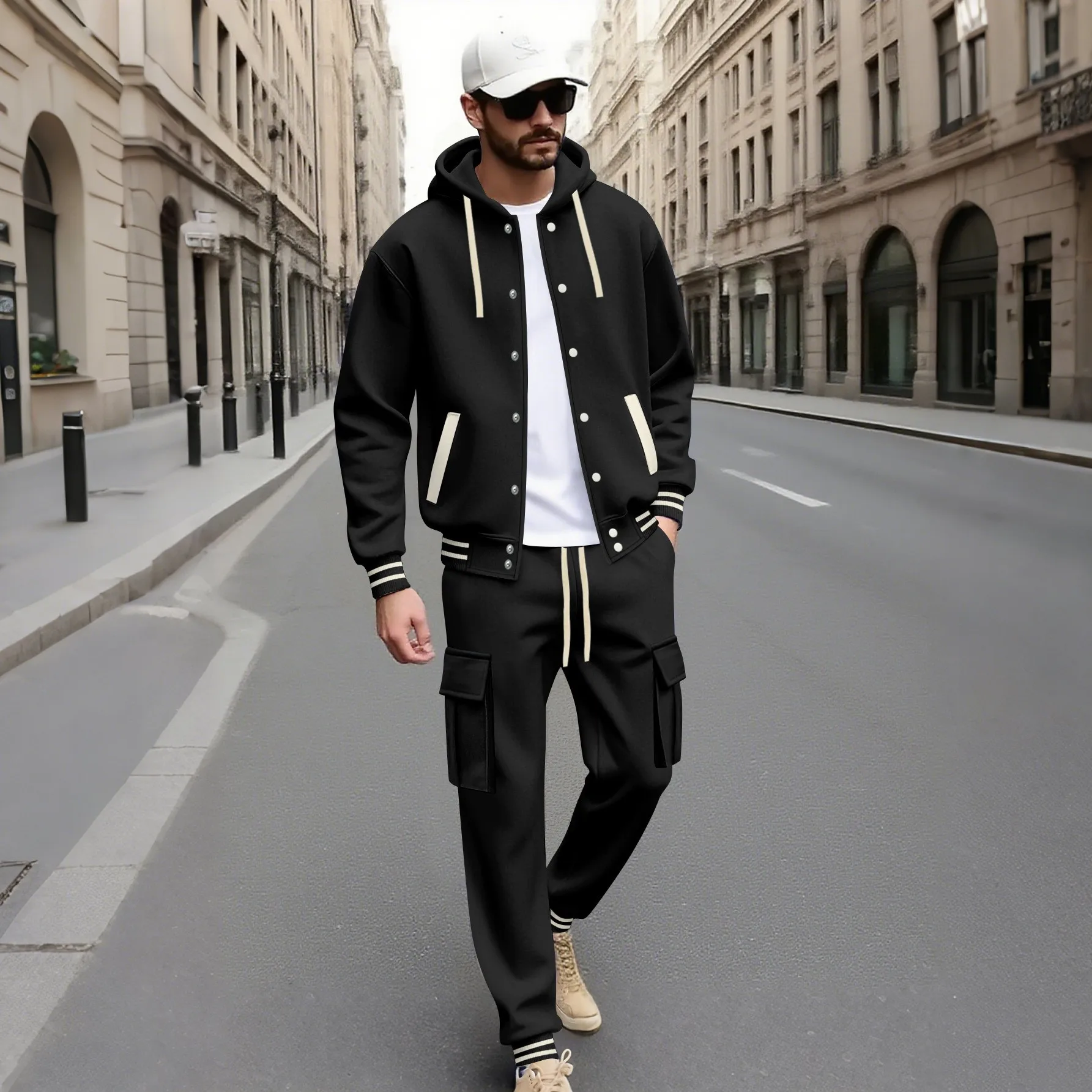 

2026 Autumn/Winter New Men's Large Twill Hooded Baseball Jacket Cardigan Hoodie Long-sleeve Workwear Pants Breathable Casual Two