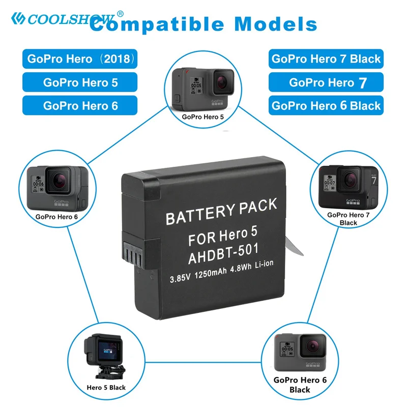 Аккумулятор на 1250 мА · ч для камеры Gopro Hero 7 Gopro Hero 6 Gopro Hero 5 Black