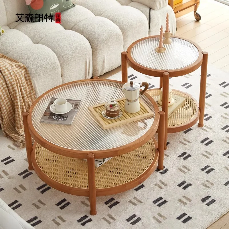 

Japanese-style solid wood round coffee table combination rattan simple living room household small apartment Nordic light luxury