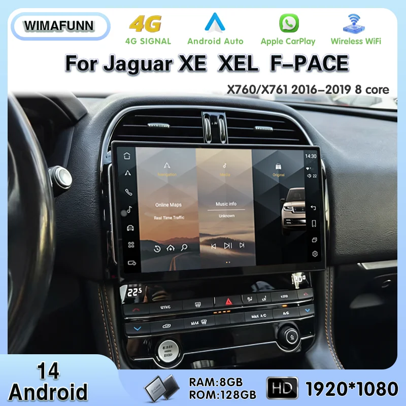 13,3 Zoll Für Jaguar XE/XEL/F-PACE X760 X761 2016-2019 Android 14 GPS-Navigation Autoradio Multimedia-Player CarPlay OEM-Menü