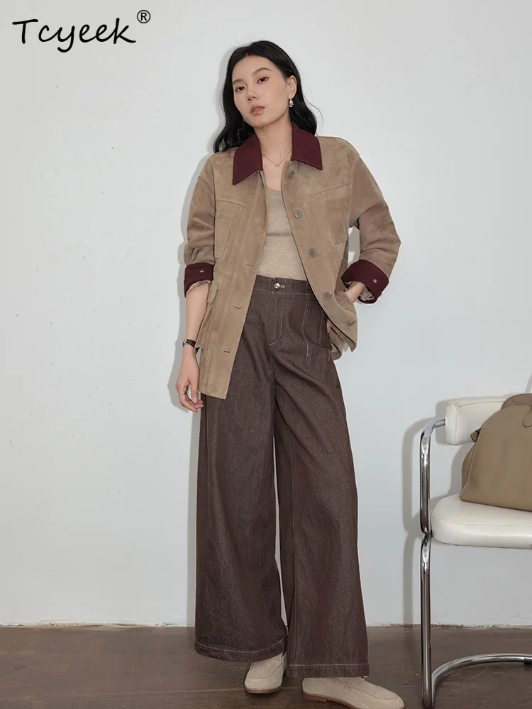 Tcyeek piel De oveja auténtica primavera otoño solapa De moda gamuza marrón chaqueta De cuero genuino para mujer chaqueta De cuero Legítimo femenina