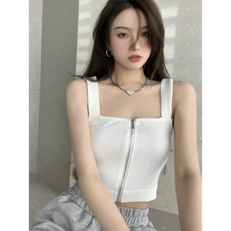 

2026 New Women Y2K Zipper Fly Knitted Camisole Sexy Solid Sleeveless Crop Tank Top Summer