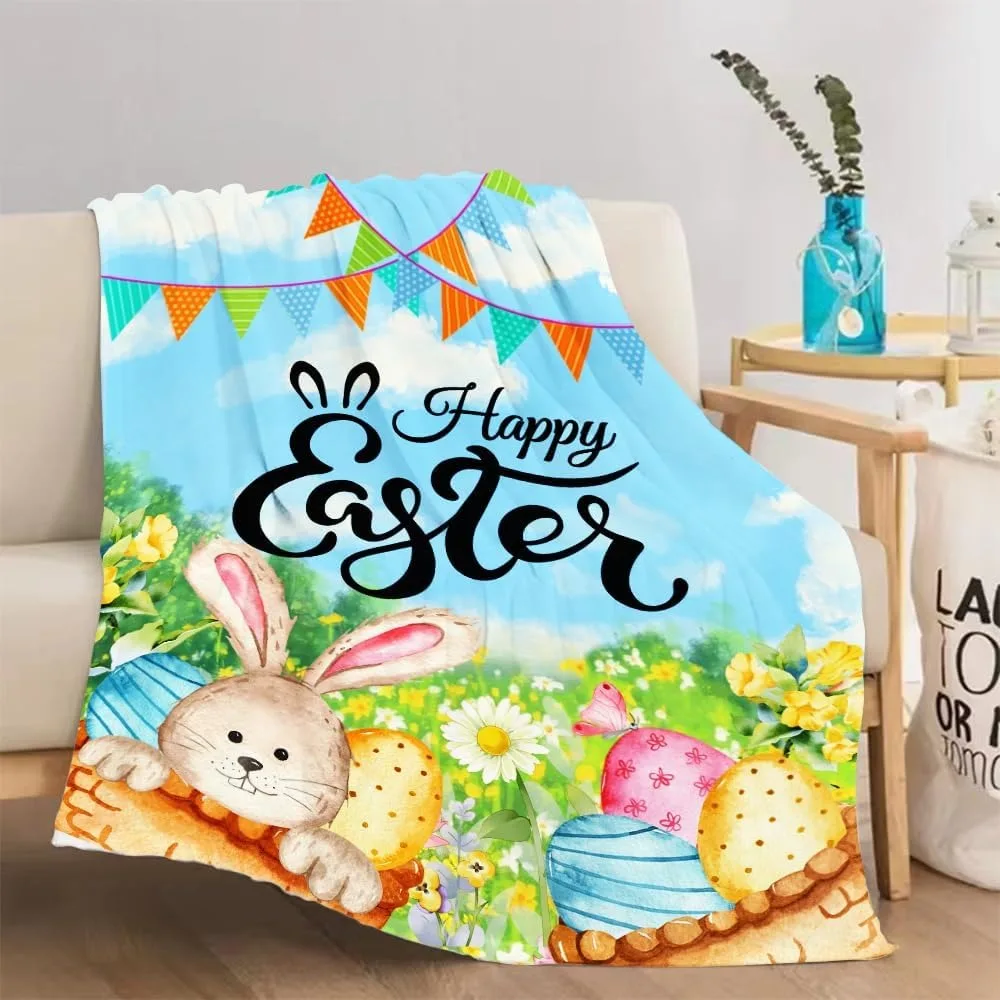 Happy Easter Throw Blanket Rabbit Bunny Eggs Hunt Blanket Spring Decorative for Couch Sofa Bed Bedroom Soft Plush Blankets