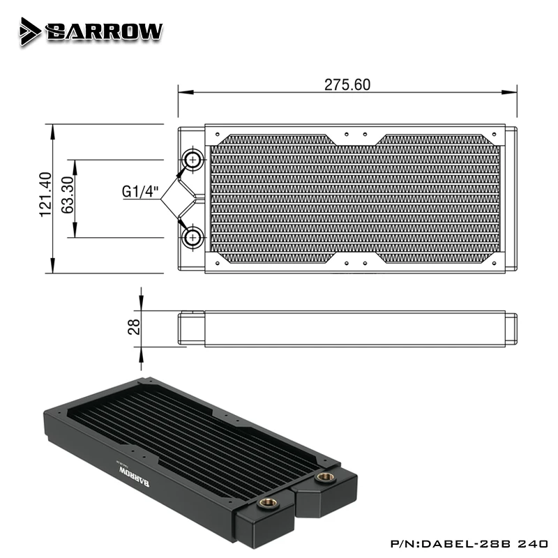 

BARROW 360mm Copper Water Radiator 28mm Thick Cooling G1/4" Threaded For 12cm Fans CPU Computer Water Cool System Dabel-28b