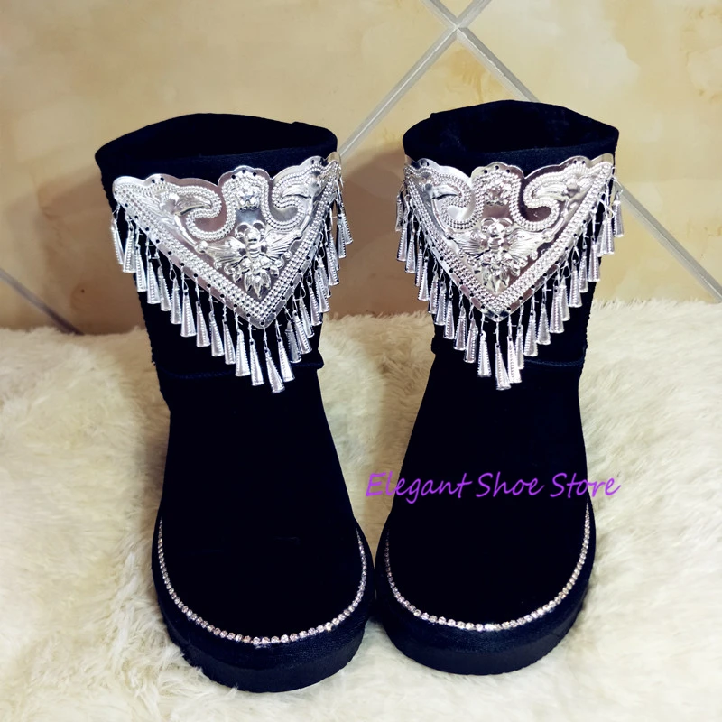 

New Silver Tassel Black Suede Snow Boots Chinese Style Design Round Toe Slip On Ankle Booties Winter Warm Plush Fur Women Shoes