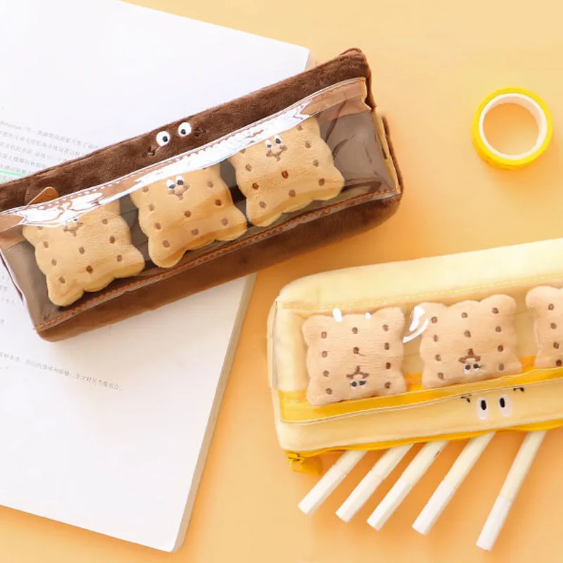 Korea Cute Plush Biscuits Girls Heart Male Female Pencil Bag Funny Pencil Cases Student Stationery Supplies Large Capacity Pouch