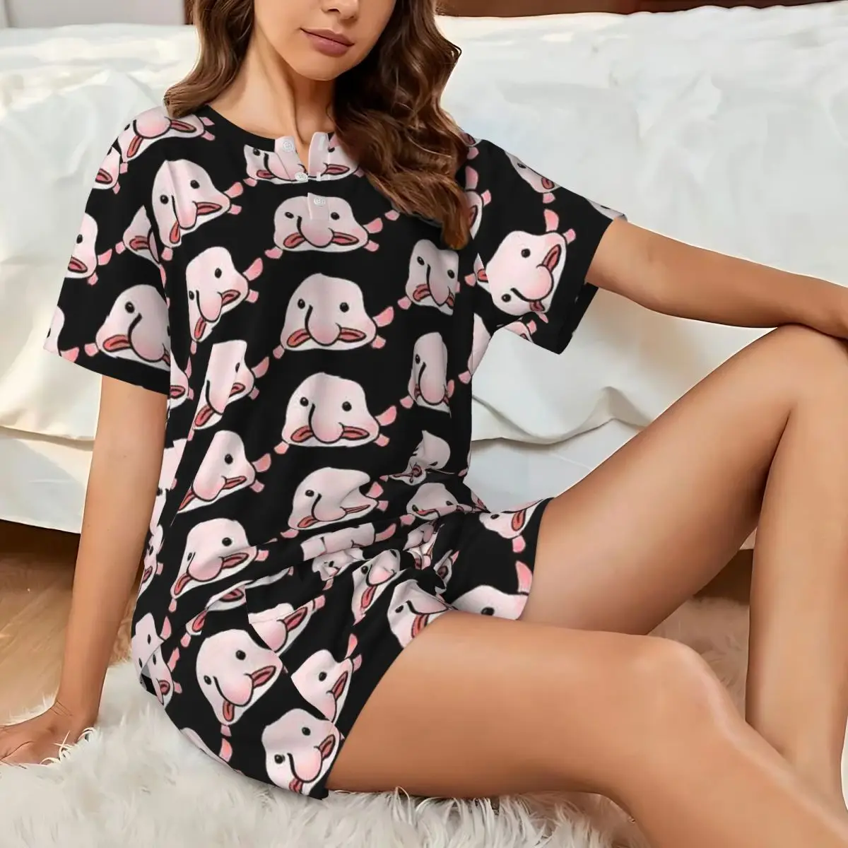 

Ночные рубашки с круглым вырезом и короткими рукавами Blobfish для сна, женские свободные пижамные комплекты с короткими брюками