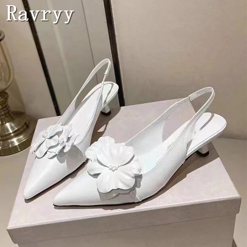 

New Fairy Style Orchid Sandals Brand Luxury Pointed Toe Slingbacks Summer Kitten Heel Shoes Party Women Wedding Dress Pumps