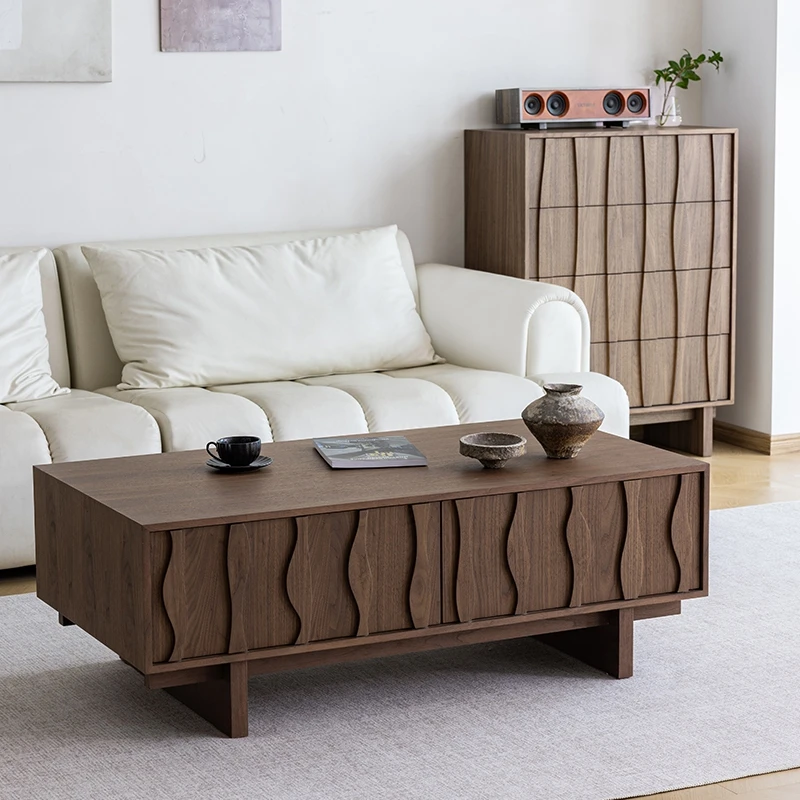 Mid-century stijl massief houten salontafel woonkamer zwart walnoot log eenvoudig licht luxe leisteen theetafel thuis klein appartement