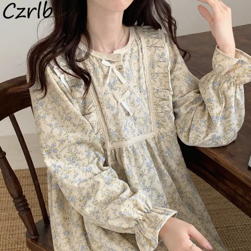 Floral Midi Nightgowns Women Vintage Loose Fashion Korean Style Long Sleeve Casual Sweet Tender Comfort Homewear Students Autumn