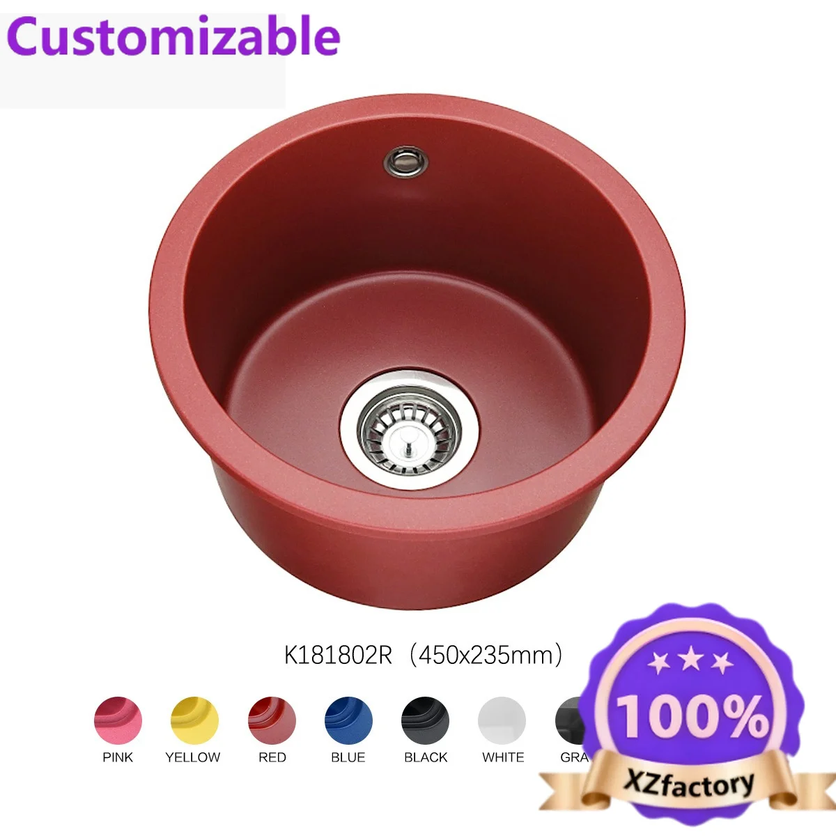 Factory Direct 2026 island round small single tank quartz stone sink household dish basin wholesale kitchen bar quartz stone sin