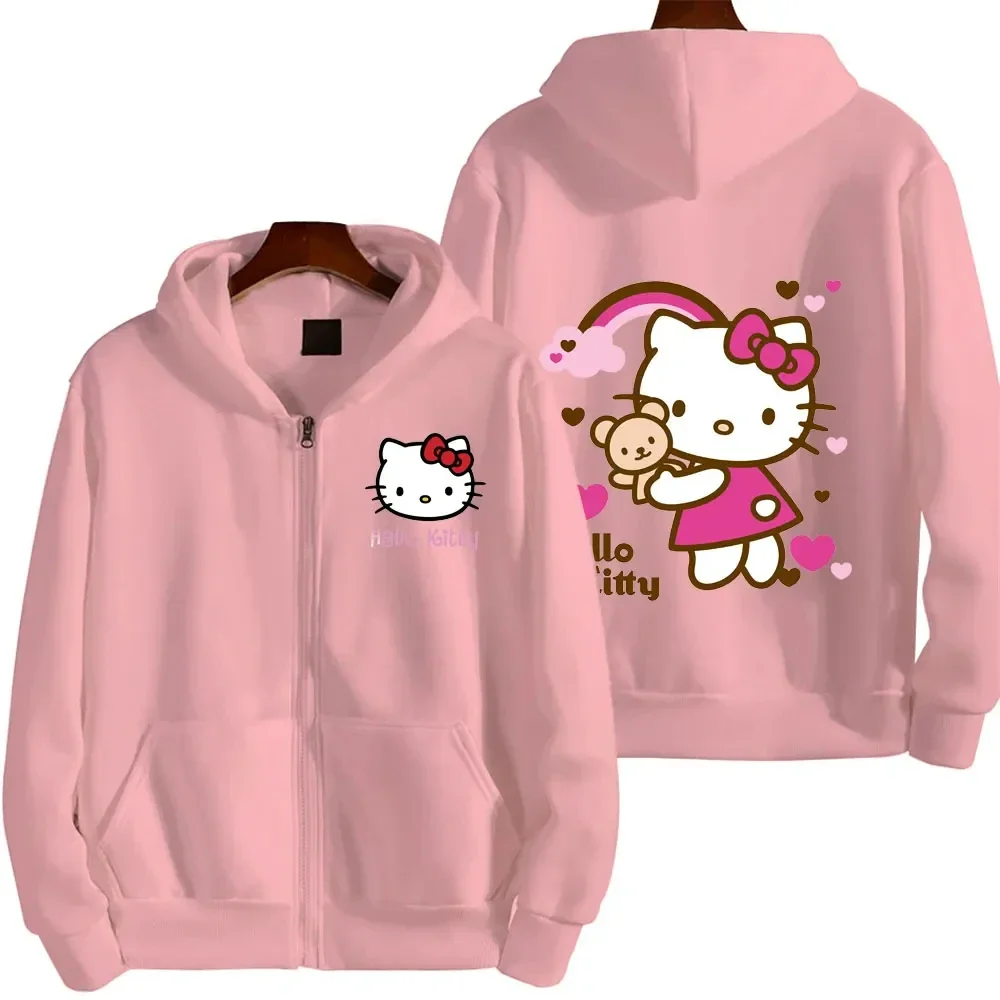 Women\'s Zipper Hoodie Autumn and Winter New Cute Kawaii Sanrio Hello Kitty Pattern Sweatshirt 2024 Streetwear Women\'s Clothing