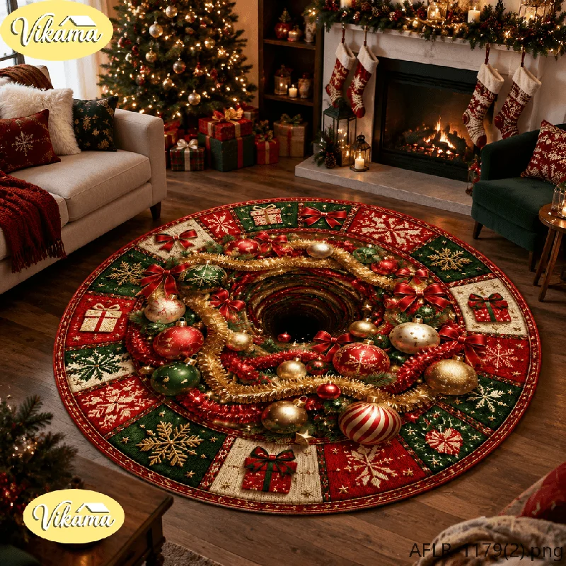VIKAMA Retro Christmas Round Area Rug Christmas 3D Swirl Design Non Slip Carpet for Bedroom Living Room Washable Home Decor