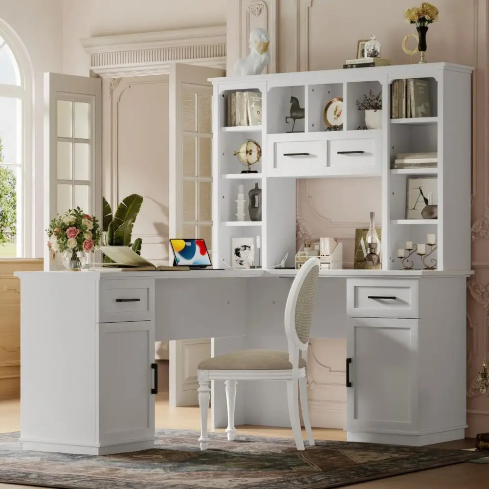 

Home Office Computer Desk with 2 Cabinets and 2 Drawers, 11 Shelves, with Electrical Outlet, Laptop PC Gaming Computer Table fo