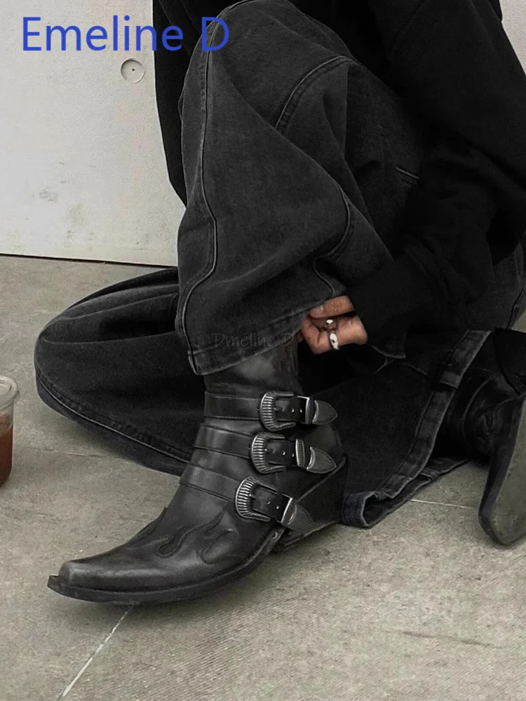 

Belt Buckle Slope Heel Short Boots Black Pointed Punk Style Side Zipper Height Increase, Simple Style Versatile Knight Boots
