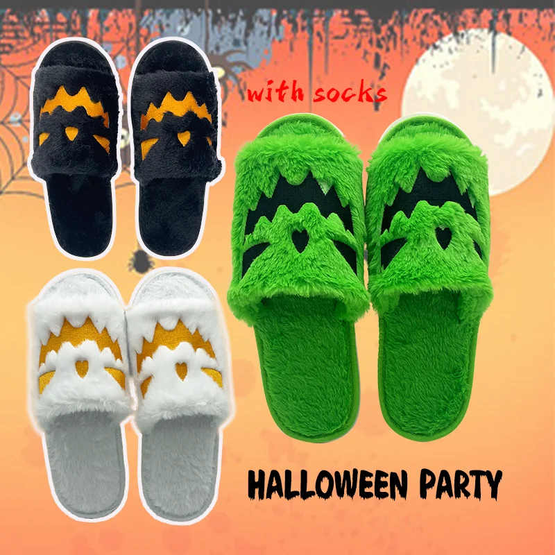 Highland Cow Lovely Halloween Pumpking Plush Slippers Warm House Lantern Open-toe Slipper Indoor Furry Shoes for Men Women