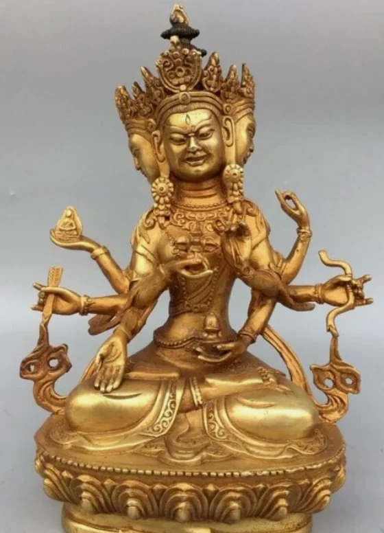 Tibet Buddhism Gold Gilt 8 Arms Lotus Namgyalma & Ushnishavijaya Buddha Statue