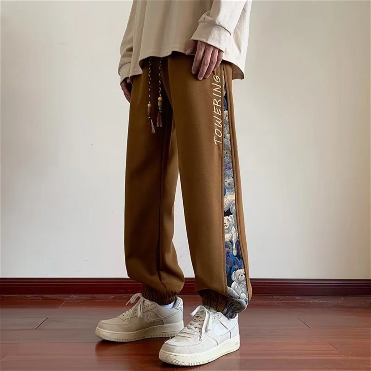 Cute Bear Spring Summer Men Casual Cargo Pants Pockets Black Loose Out Door Elasticity Sports Oversize High Street Pants