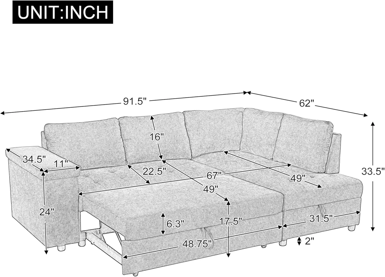 Modern L Shaped Sectional Sofa Corner Couch, Pull-Out Sofa Bed Sleeper With Storage Ottoman And Wide Storage Armrest, Polyester