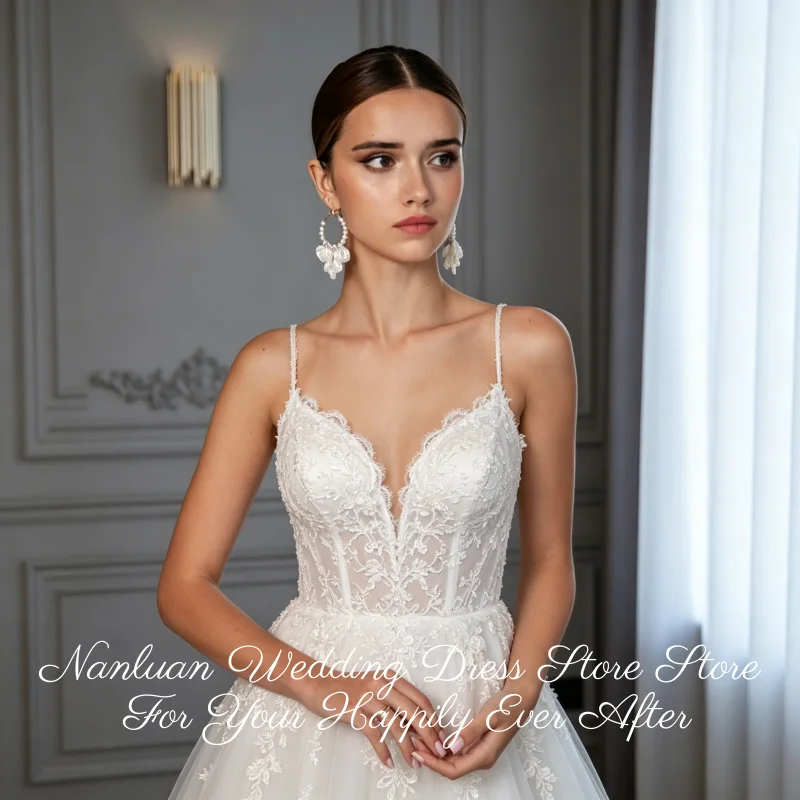 Spaghetti Strap Deep V Lace Wedding Dresses High Slit 26 Bridal Gowns Vestidos de Novia Customized