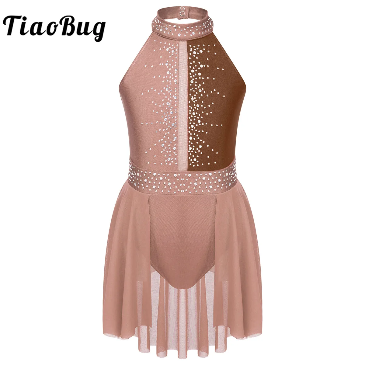 Sleeveless Rhinestone Ballet Gymnastics Leotard Dress Kids Girls Ballerina Mesh Skirt Contemporary Lyrical Figure Skating Dress