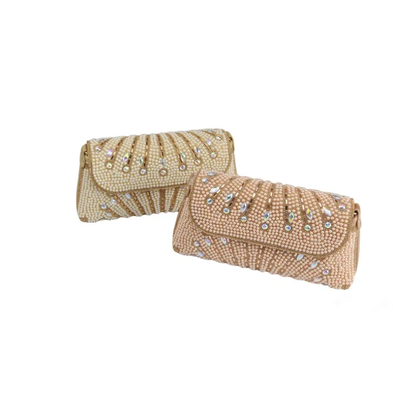 High-end fashion shoulder bag with diamonds and pearls, underarm bag, evening bag, Chanel-style handbag