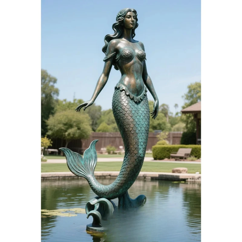 

Pool Decoration Design Life Size Green Copper Copper Copper Standing Metal Mermaid Sculpture
