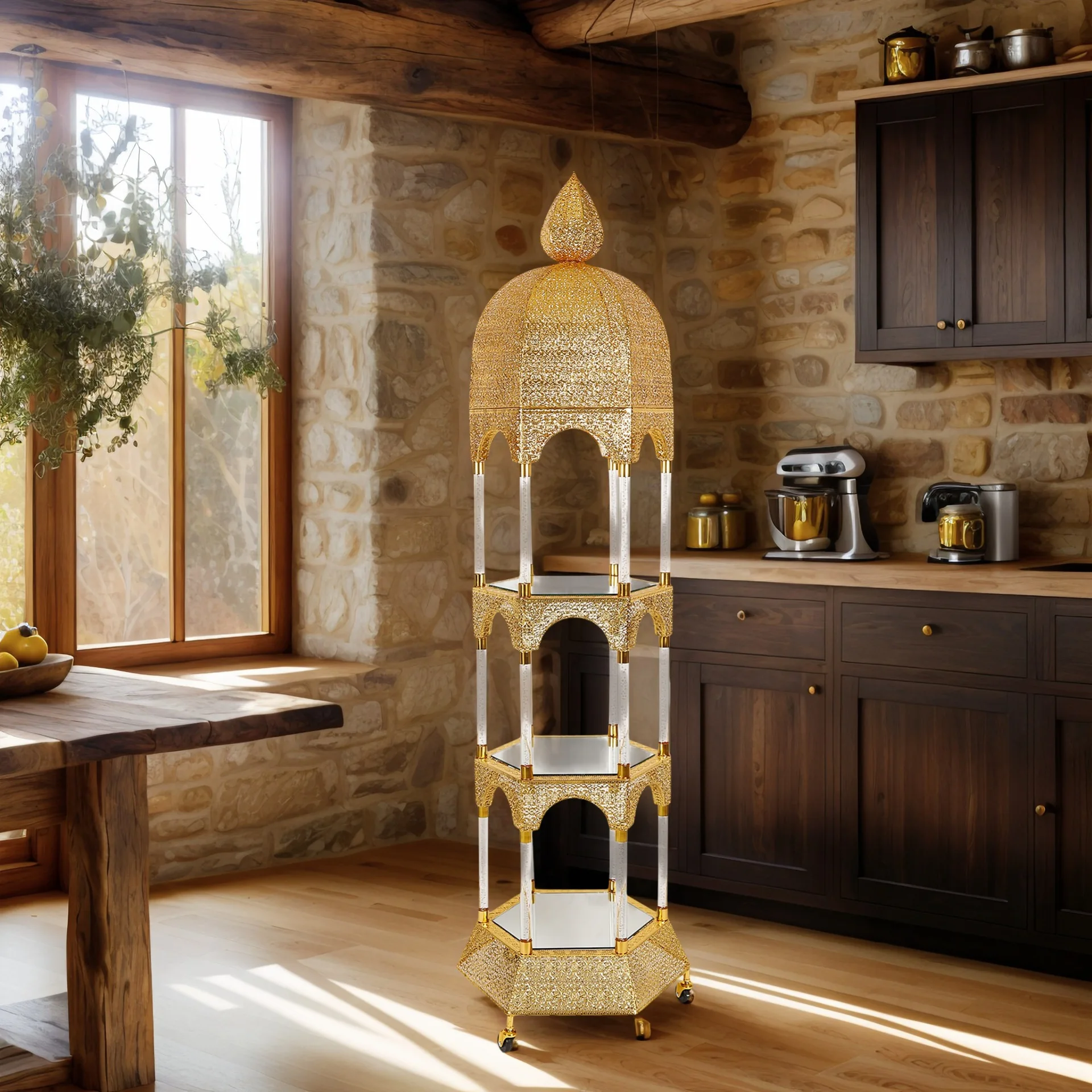 Floor-standing storage rack, multi-layer European vintage iron wrought waterdrop ornament, decorative storage rack, living room
