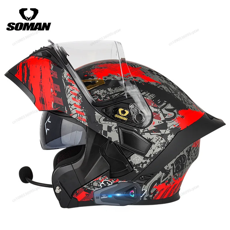 

SOMAN Motorcycle Helmet Dual Lens Four Seasons Riding Revealed Full Helmet SM955-S with S2 Intercom Bluetooth DOT Certification
