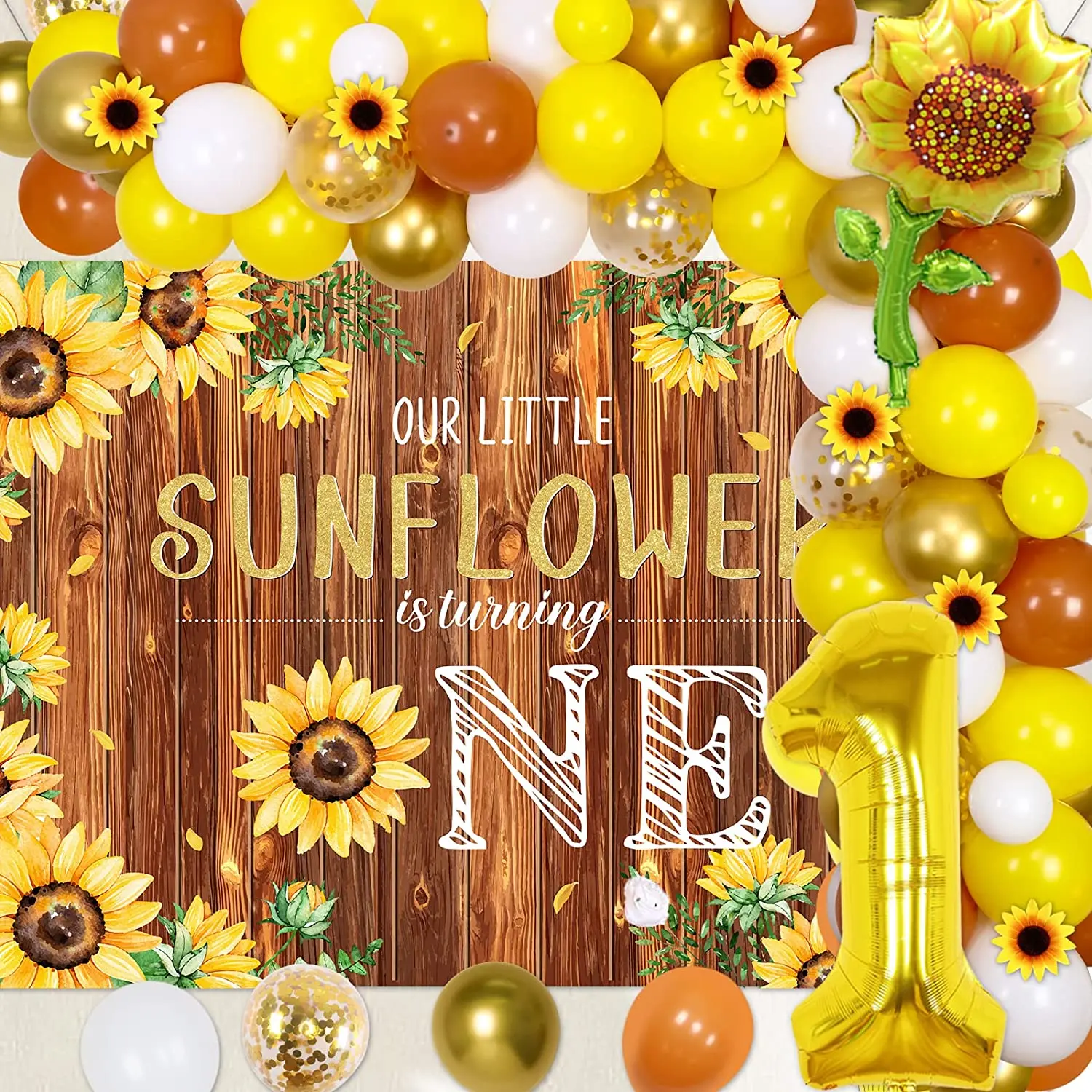 

Backdrop Balloon Arch for Girls, Decorations for 1st Birthday Party, Our Little Sunflower Is Turning, First Birthday Supplies