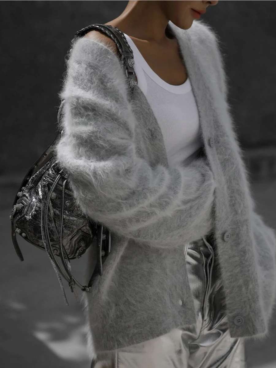 Loose Long Sleeve Knitted Cardigan Faux Mink Coat Style Comfortable Fit Women's Premium Quality A-Line Knitwear V-Neck Button up
