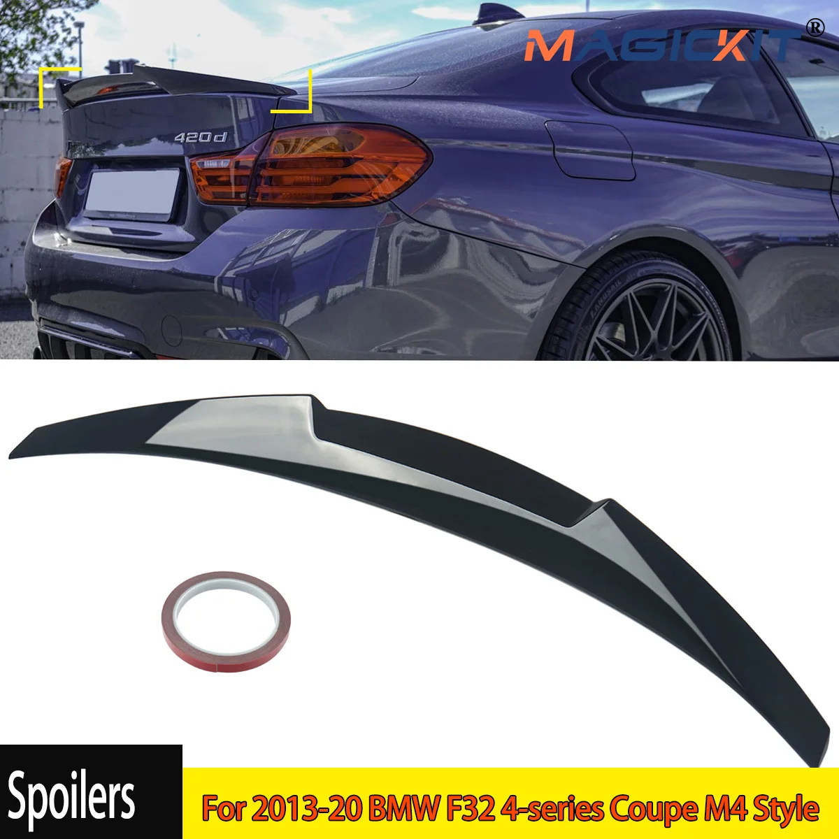 MagicKit  FOR BMW 4 SERIES F32 COUPE  M4 STYLE GLOSS BLACK CAR REAR TRUNK LIP SPOILER 2013-2020