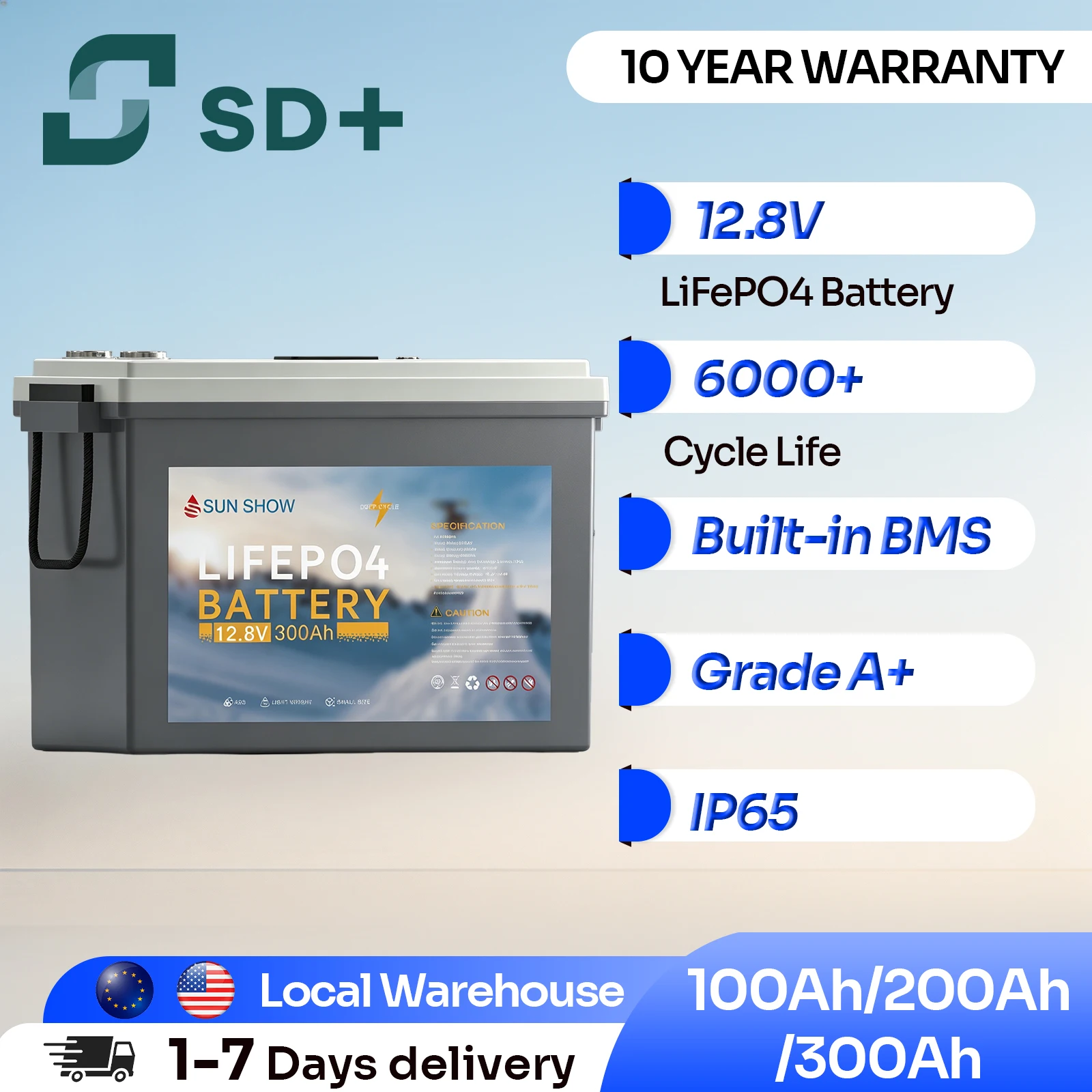 

Аккумулятор SANDISOLAR LiFePO4 300 Ач 12,8 В, литий-железо-фосфатный аккумулятор 12 В, 3840 Вт·ч, долговечный, 6000 циклов, для автодомов, кемперов, лодок, гольф-каров