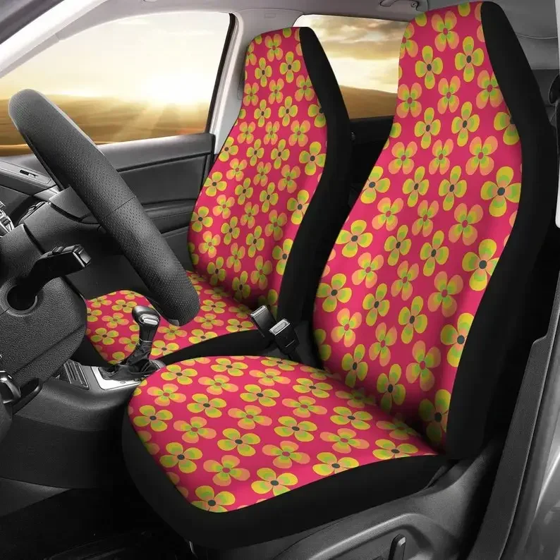 Hot Pink Magenta With Colorful Retro Flowers Pattern Vintage Style Car Seat Covers Set Universal Fit