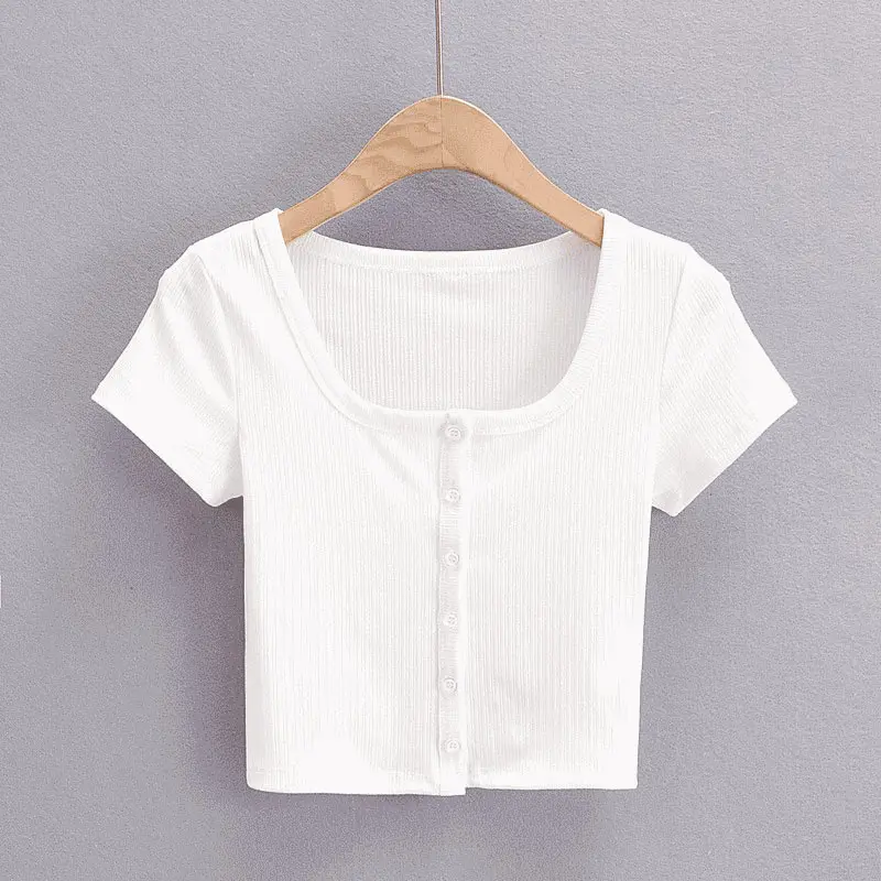 Women Rib Button Through Short Sleeve Top